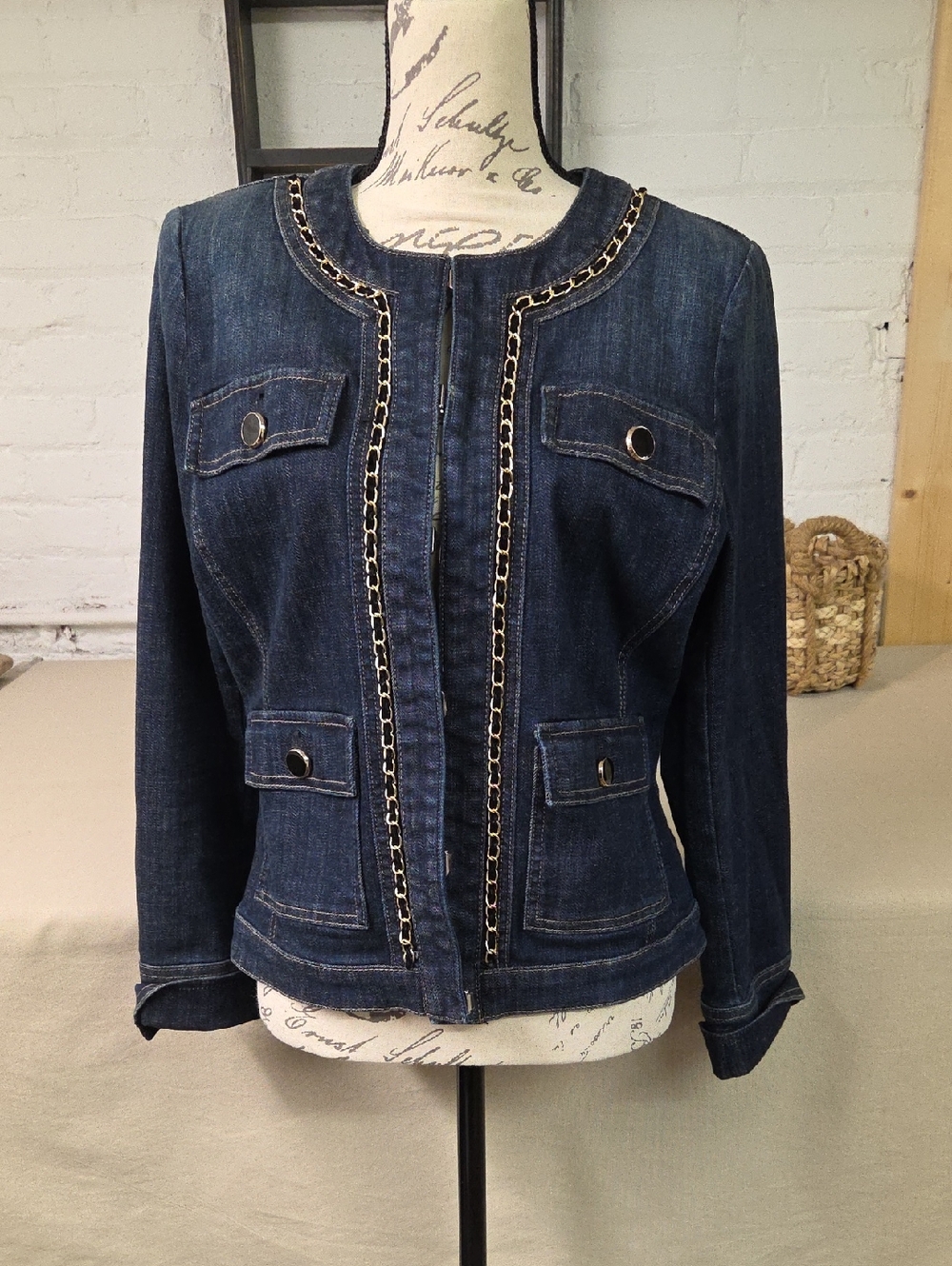 White House Black Market Dark Blue Denim Jacket with Chain Trim